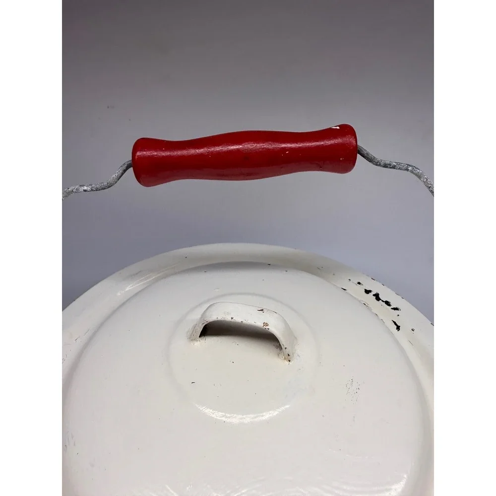 Vintage White Enamelware Lidded Pot Red Trim Wooden Handle Farmhouse Bucket